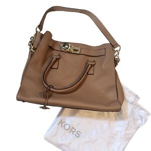 Michael Kors Large Hamilton Khaki Leather & Gold Two-Way Satchel w/ Dust Bag EUC